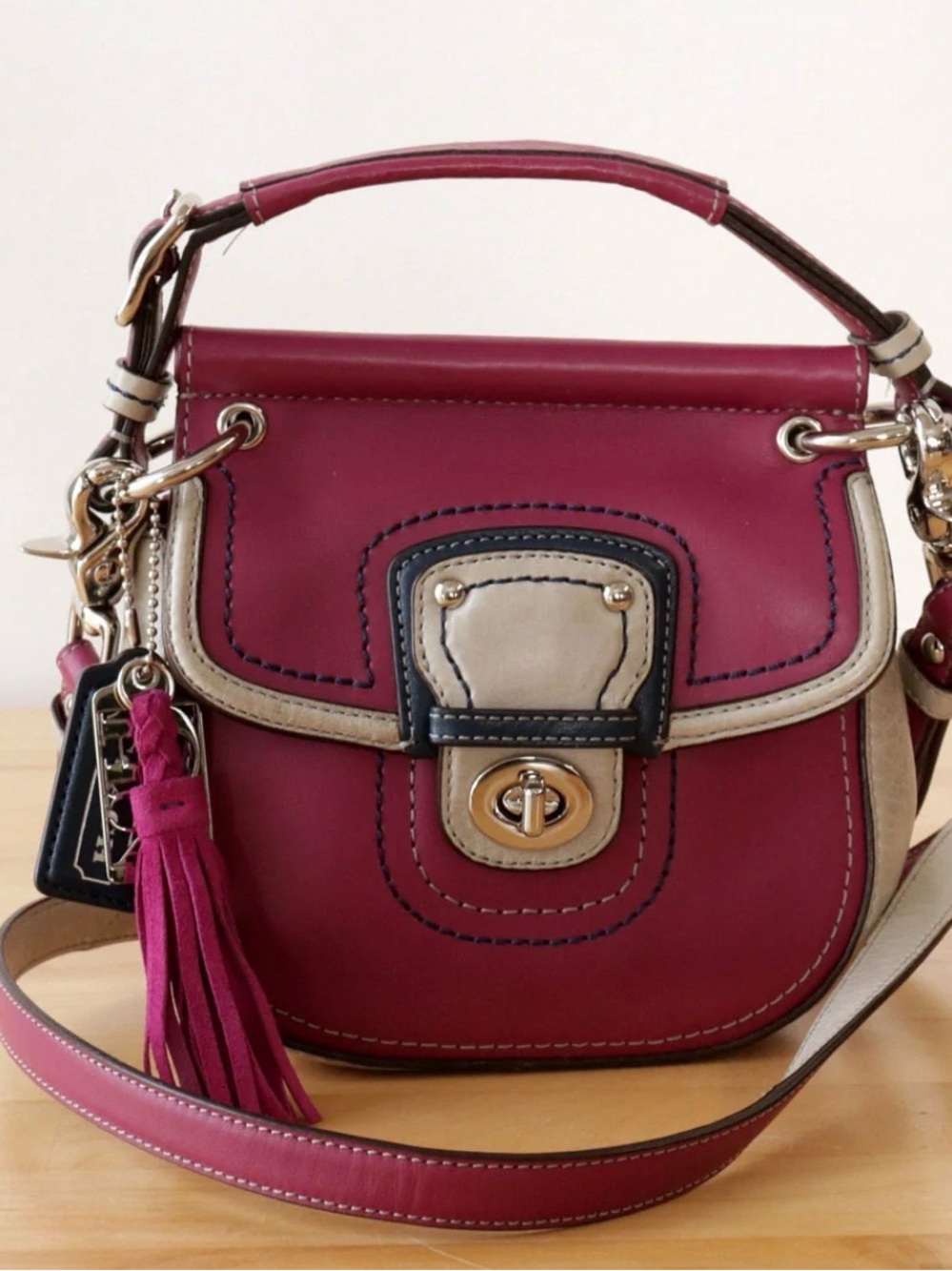 Coach purple and gray Leather Shoulder Bag with Cream Trim and Tassel